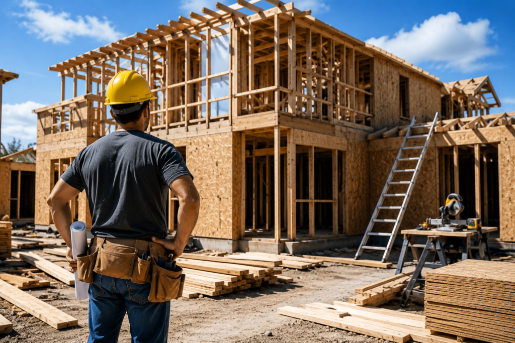 General construction site with worker reviewing house framing for Bro General Services Inc in New York