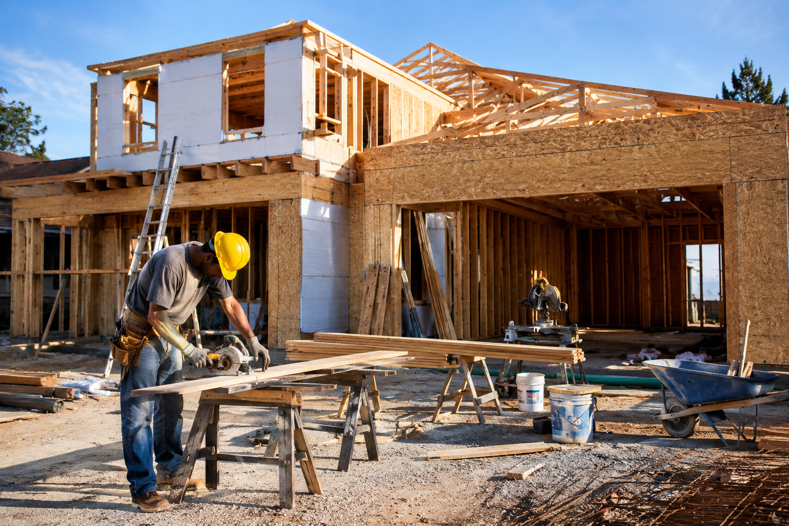 House construction site with worker cutting timber for Bro General Services Inc in New York