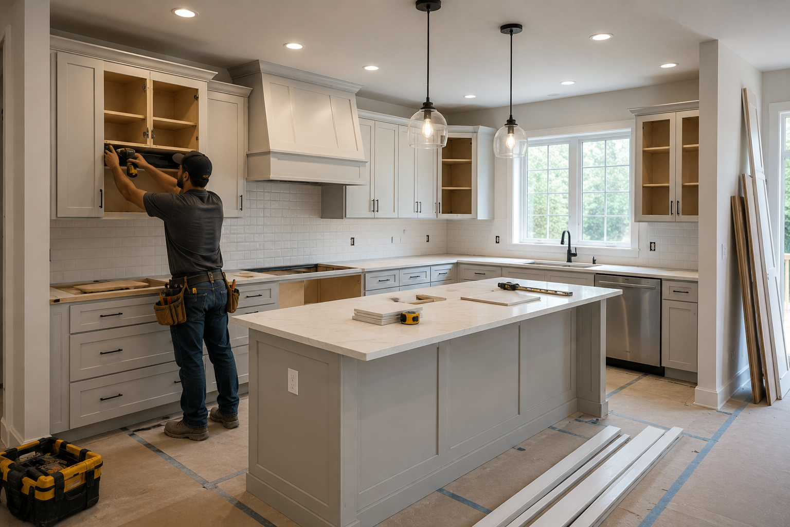 Services Kitchen remodeling and renovation work with contractor installing cabinets in New York